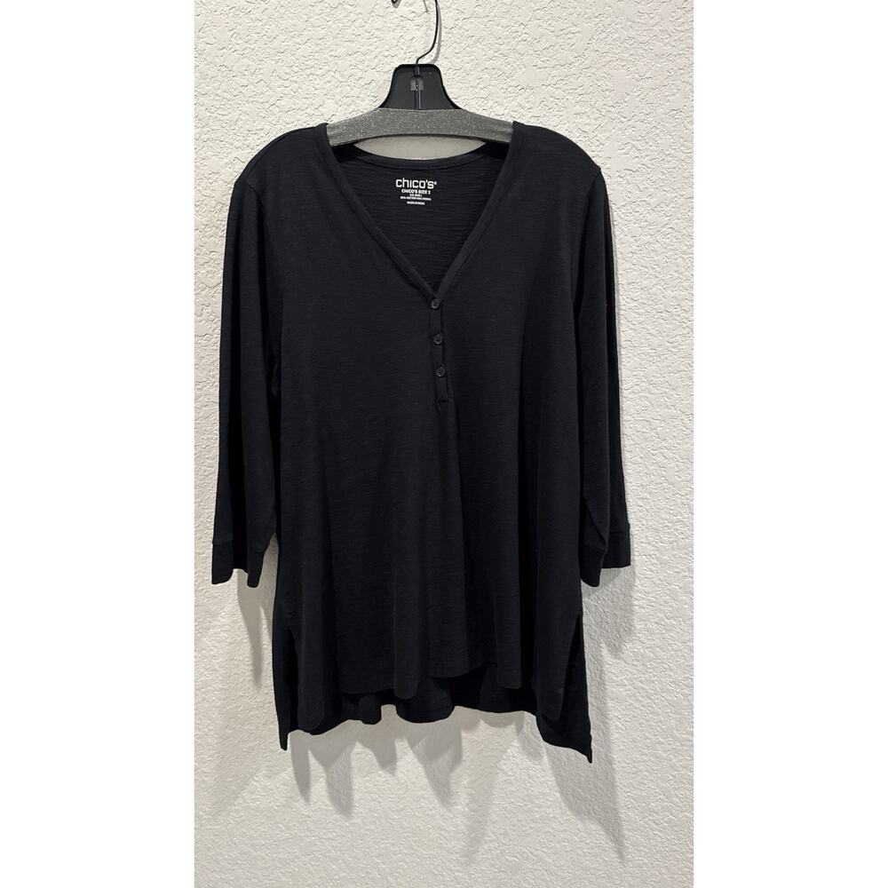 Chico’s Black V-Neck Button Front Knit Top 3/4 Sleeve Size 2 Large